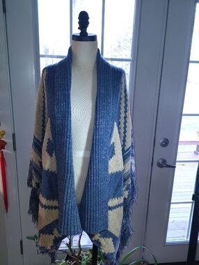 Ralph Lauren Blue and Cream Marled Knit Poncho
